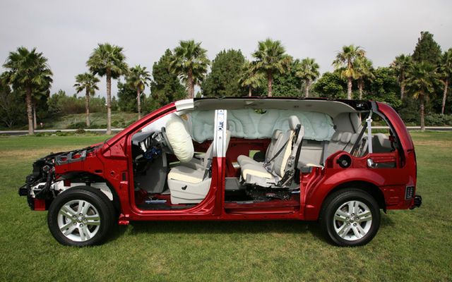 Dodge Grand Caravan. Vue en coupe avec coussins gonflables déployés.