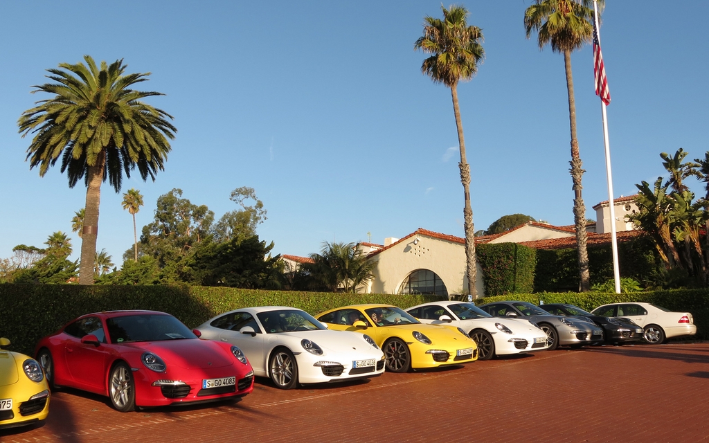 Les nouvelles Porsche 911 Carrera S alignées au Biltmore de Santa Barbara