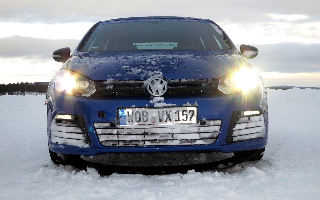A Golf R lost its stone shield diving into a trailside snow bank