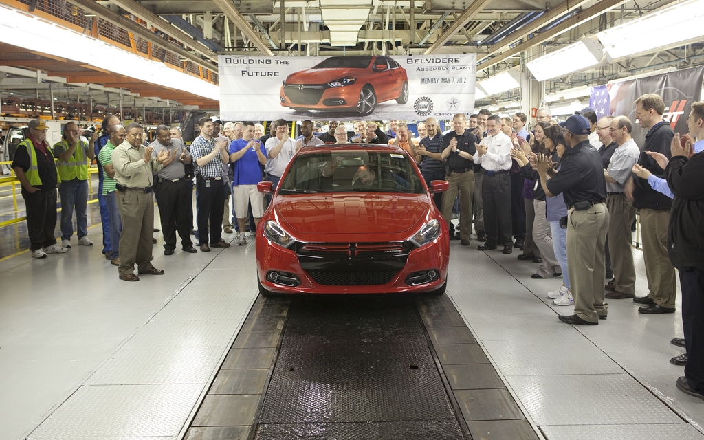 Belvidere Assembly Plant Employees Celebrate First Dodge Dart Off the Line