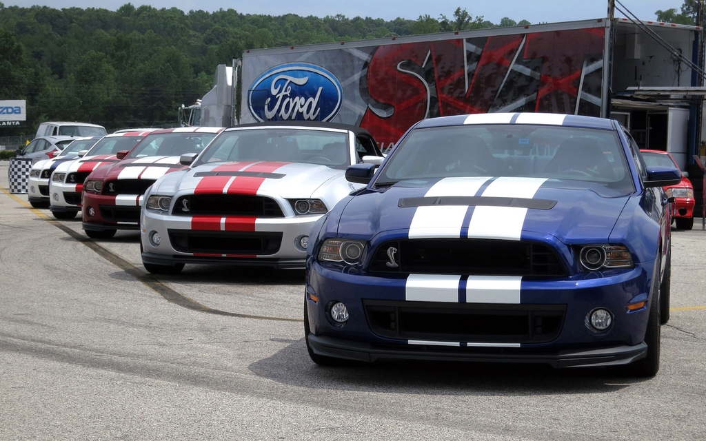 Shelby GT500s lined up at Road Atlanta