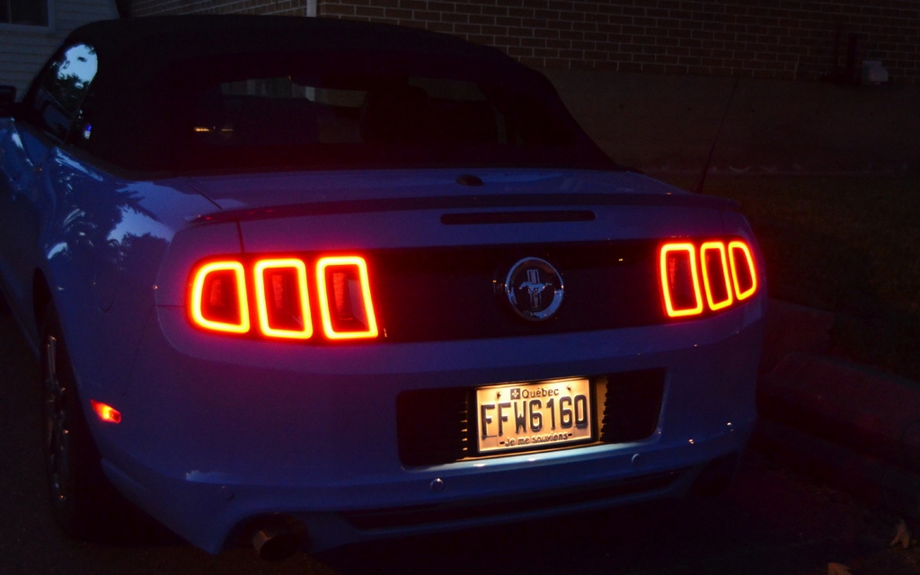 The Mustang is hard not to recognize, even at night.