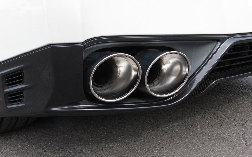 Two of the GT-R’s immense stainless steel exhaust tips