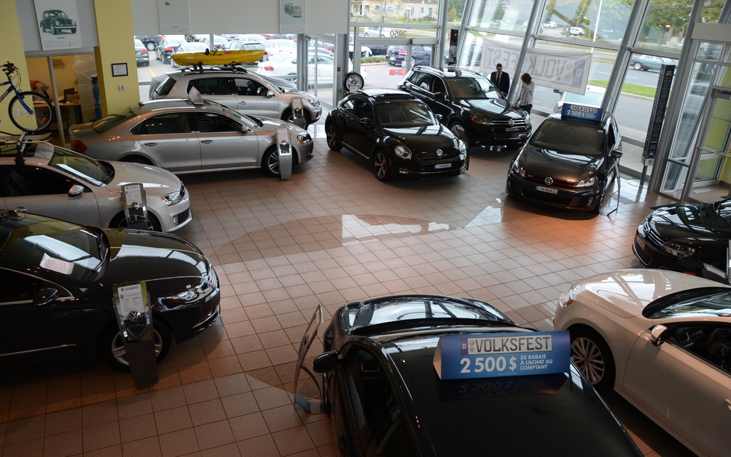 Volkswagens sit in a Montreal dealership