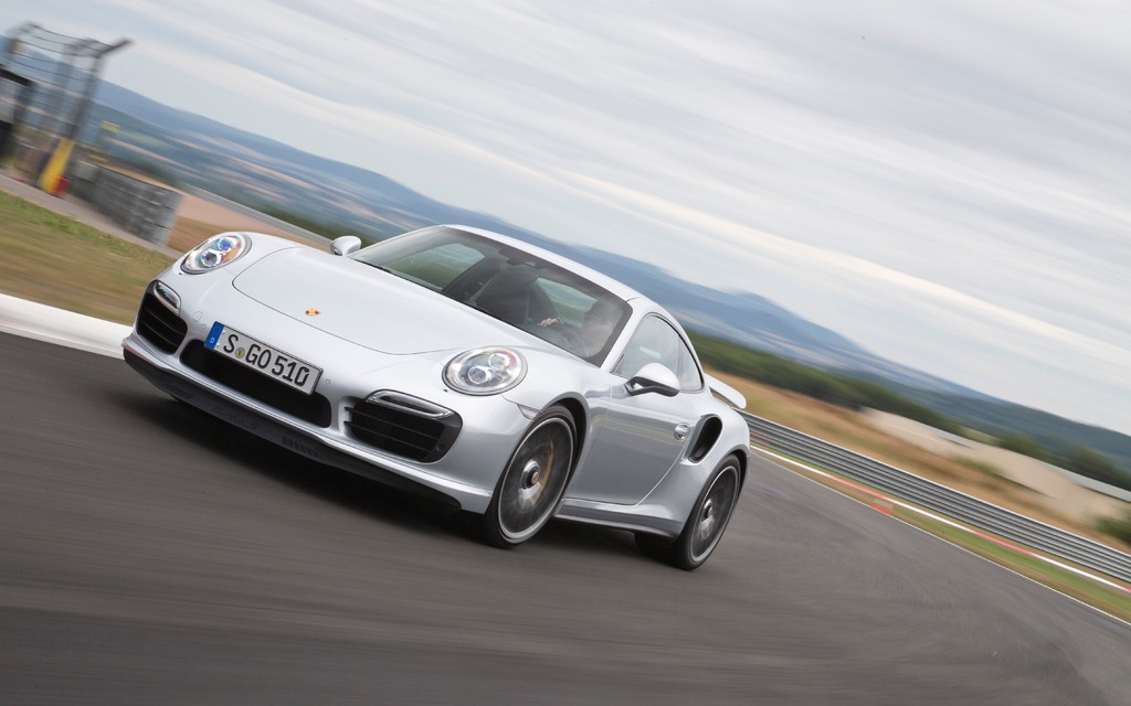 The 2014 Porsche 911 Turbo S on the Bilster Berg circuit in Germany.