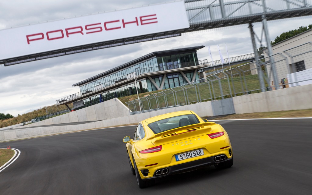 The 2014 Porsche 911 Turbo on the Bilster Berg circuit in Germany.