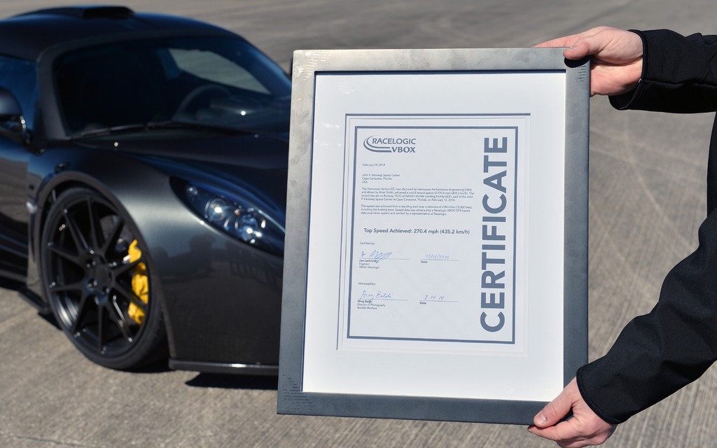 Henessey Venom GT, with a certificate confirming its maximum speed.