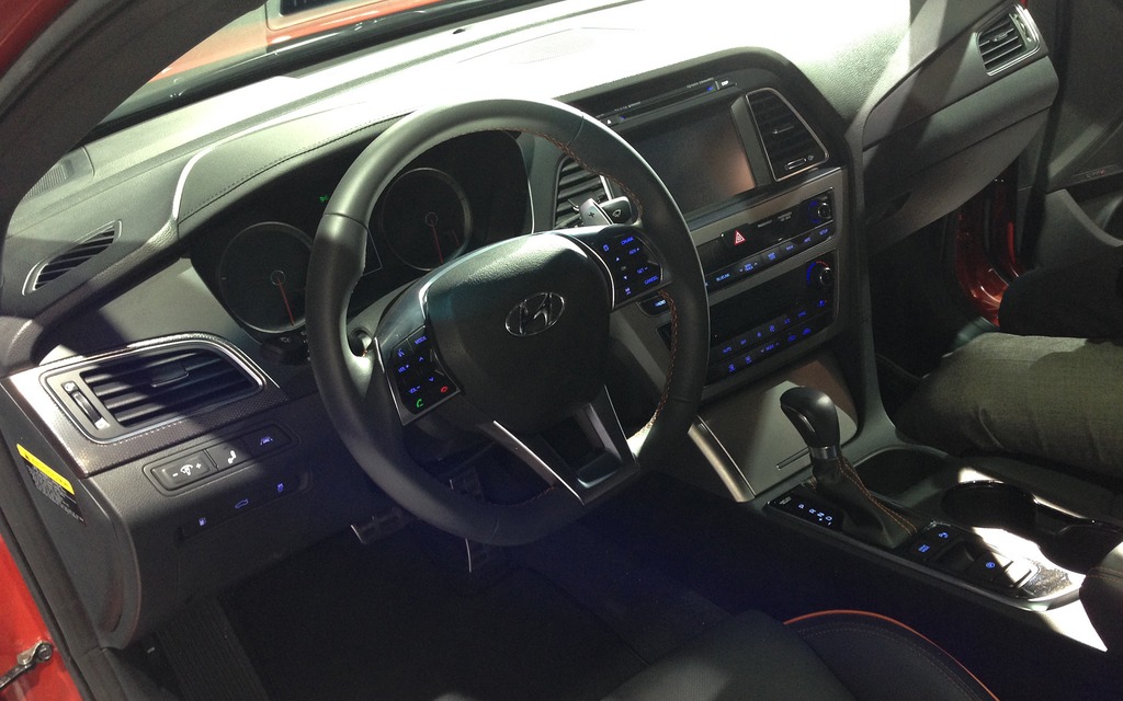 The dashboard of the Sonata Sport 2.0T at the dimly lit New York Auto Show