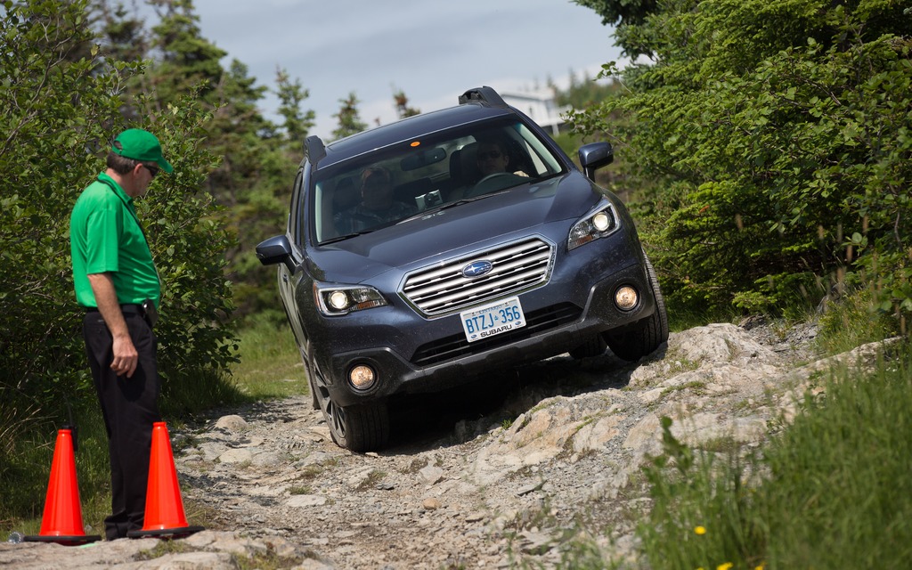 The 2015 Outback in action on an uneven rocky trail in Newfoundland.