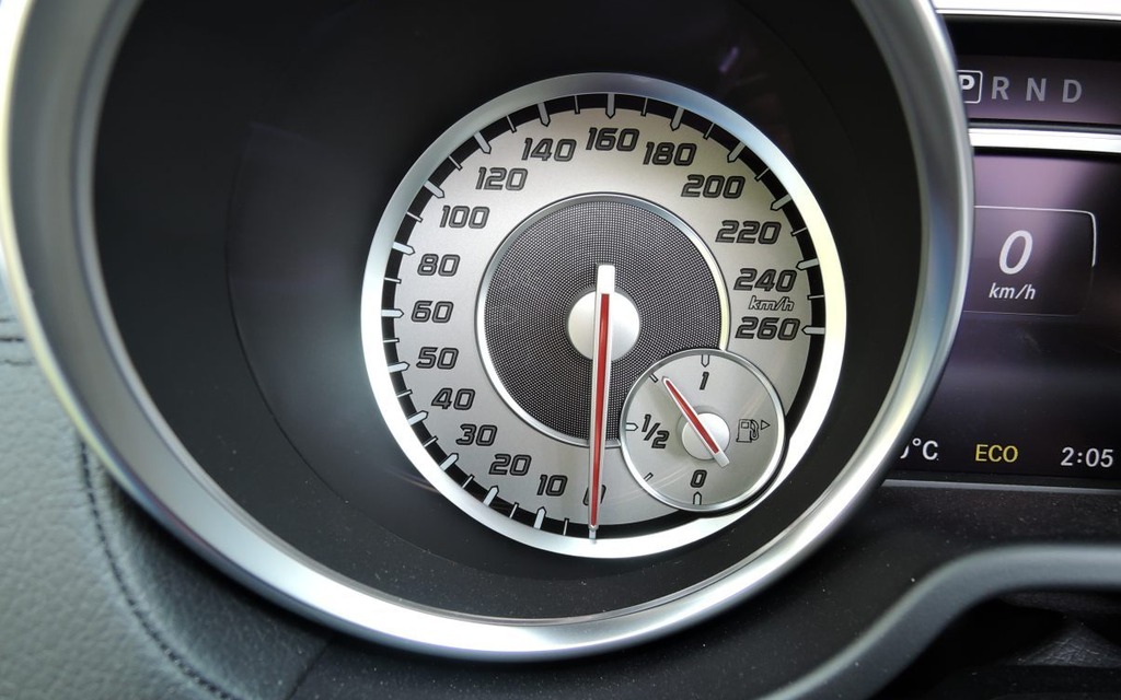 The speedometer and fuel gauge.