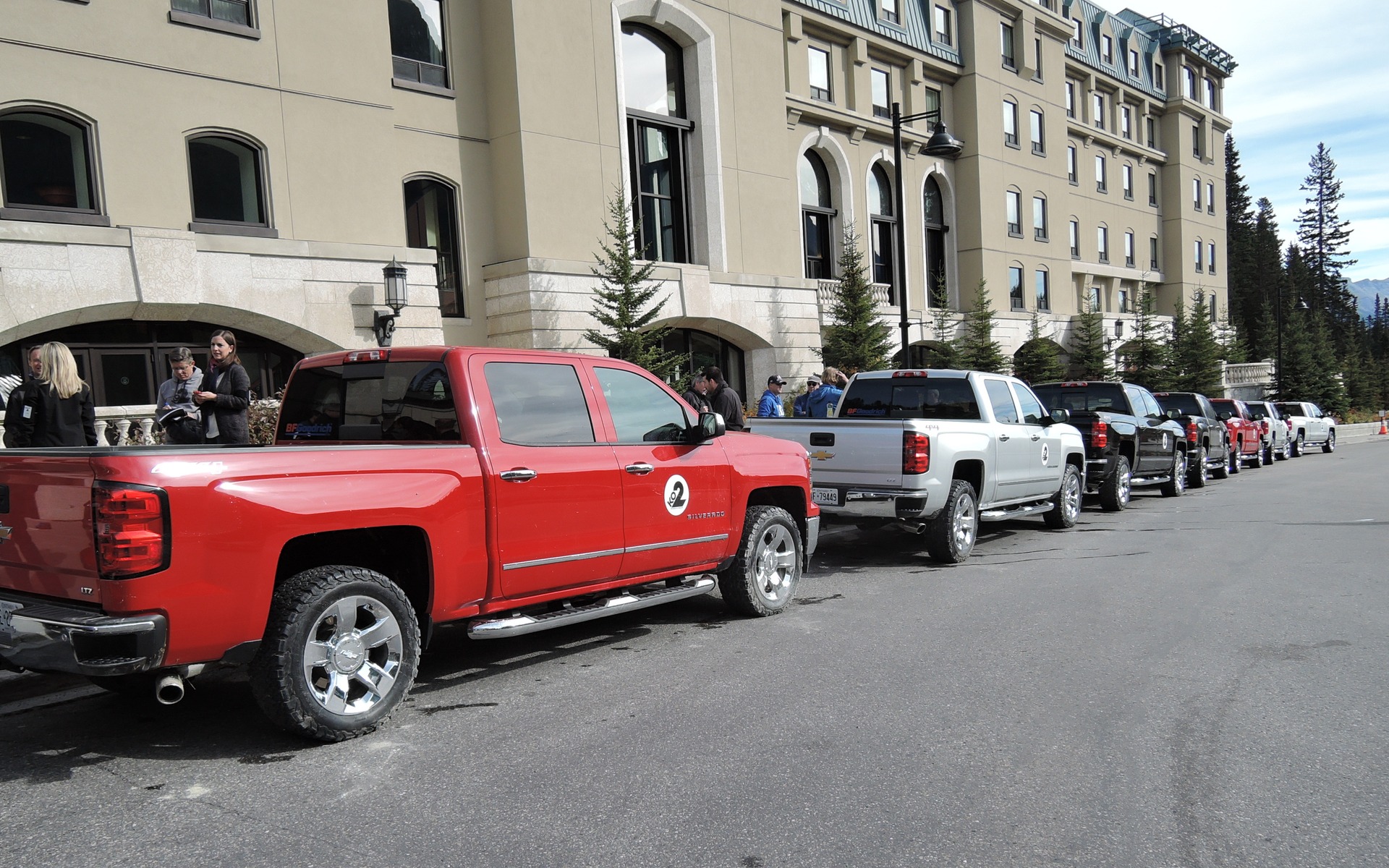 The test vehicles in front of Chateau Lake Louise.