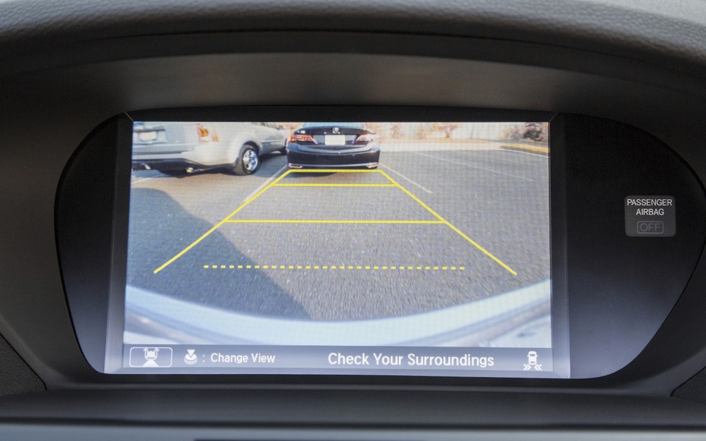 Rearview camera with virtual guidelines.