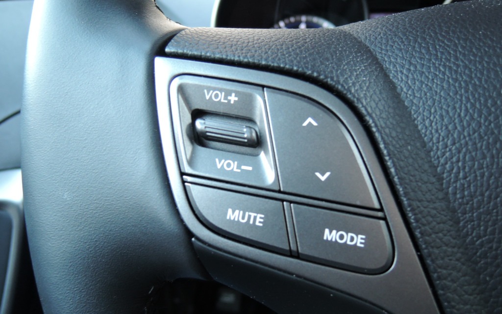 The audio controls on the left spoke of the steering wheel.