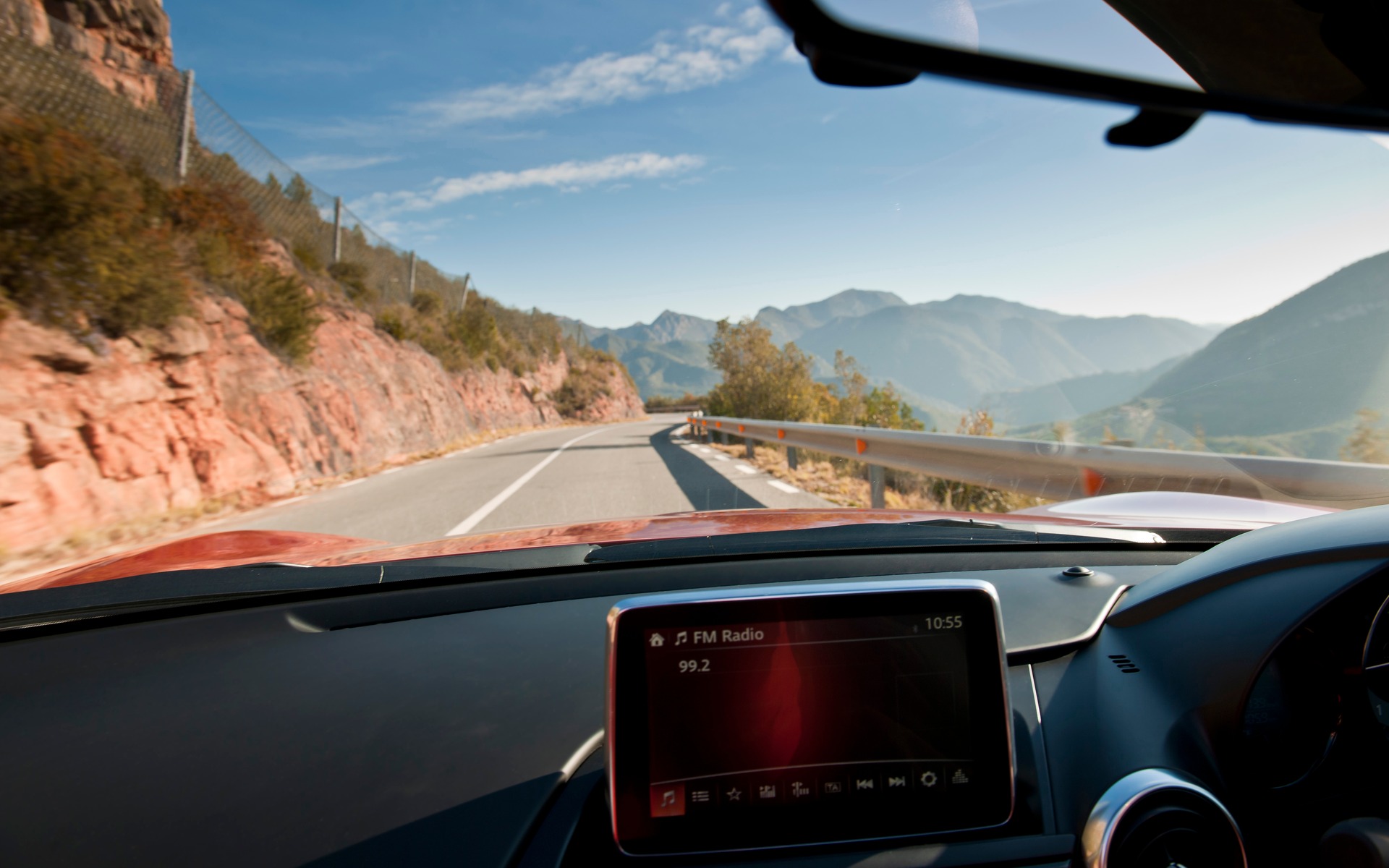 The forward view on board the roadster.