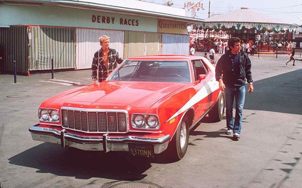 Starsky & Hutch with one of their Ford Torino coupes, 1974-75-76.