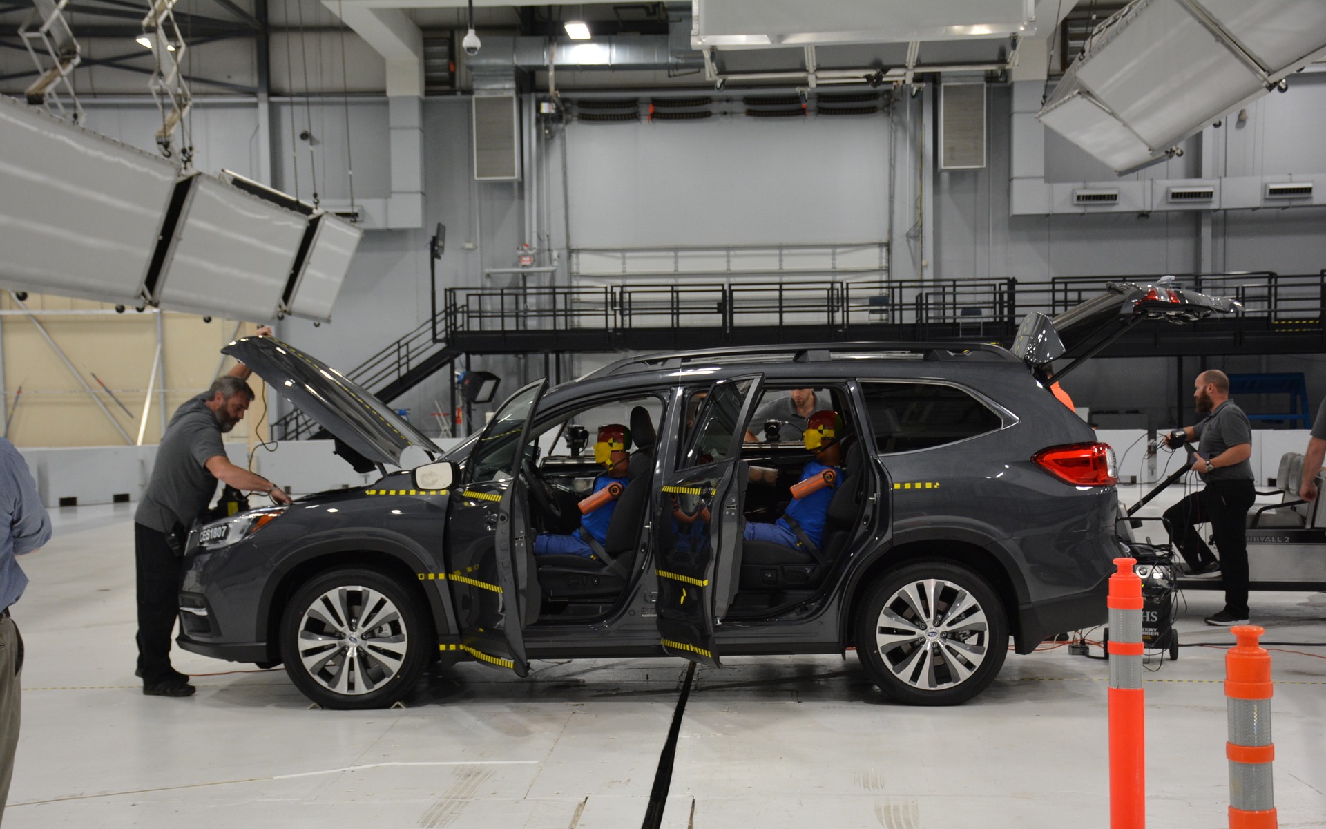 <p>2019 Subaru Ascent set-up for side impact crash test</p>