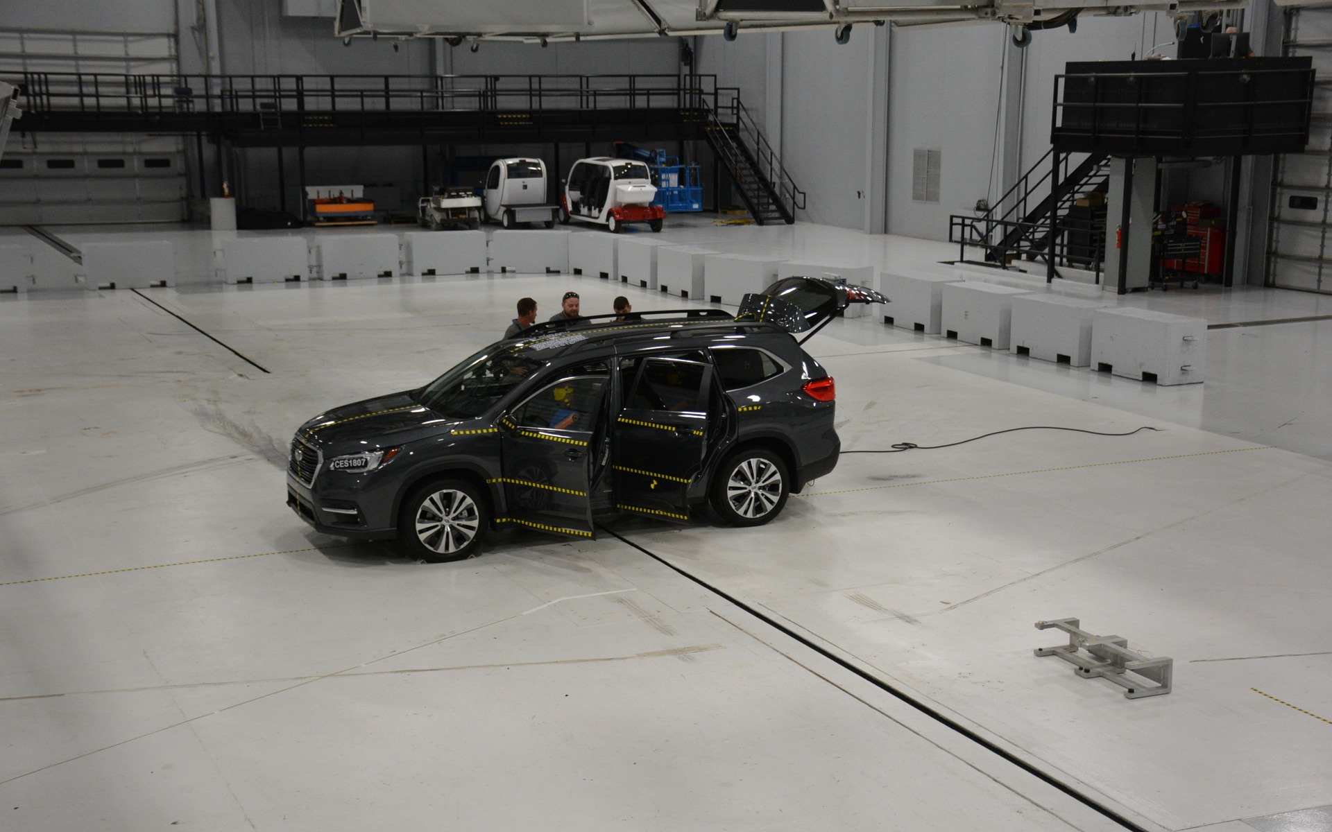 <p>2019 Subaru Ascent set-up for side impact crash test</p>