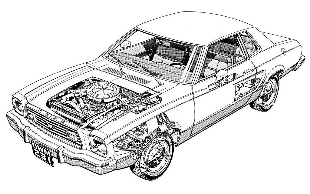 <p>Le Mustang II repose sur une base modifiée de Pinto.</p>