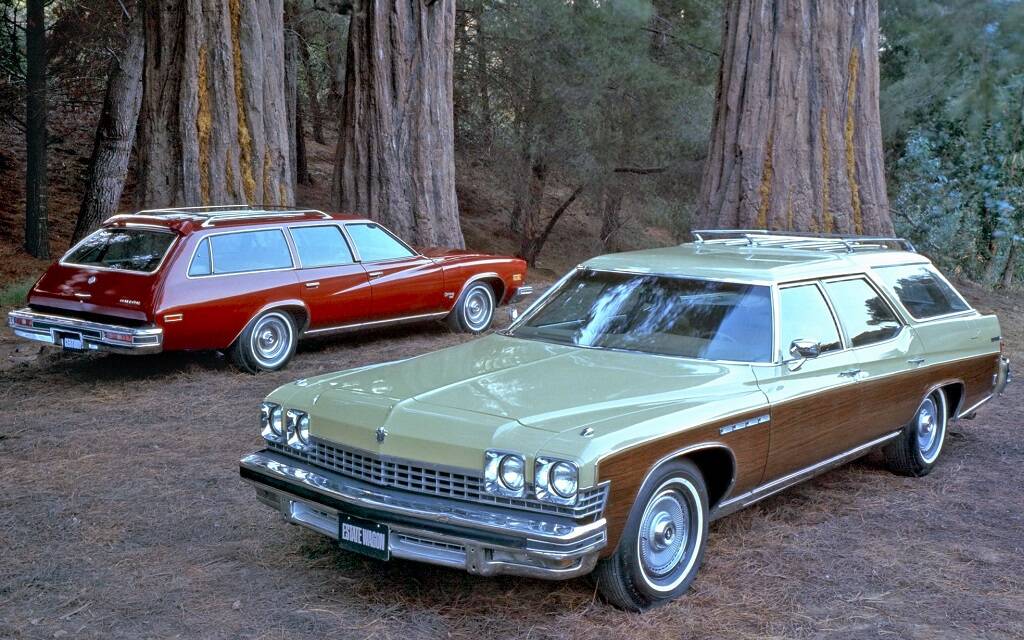 <p>Buick Century Estate 1974 (en rouge) avec Buick Estate Wagon 1974</p>