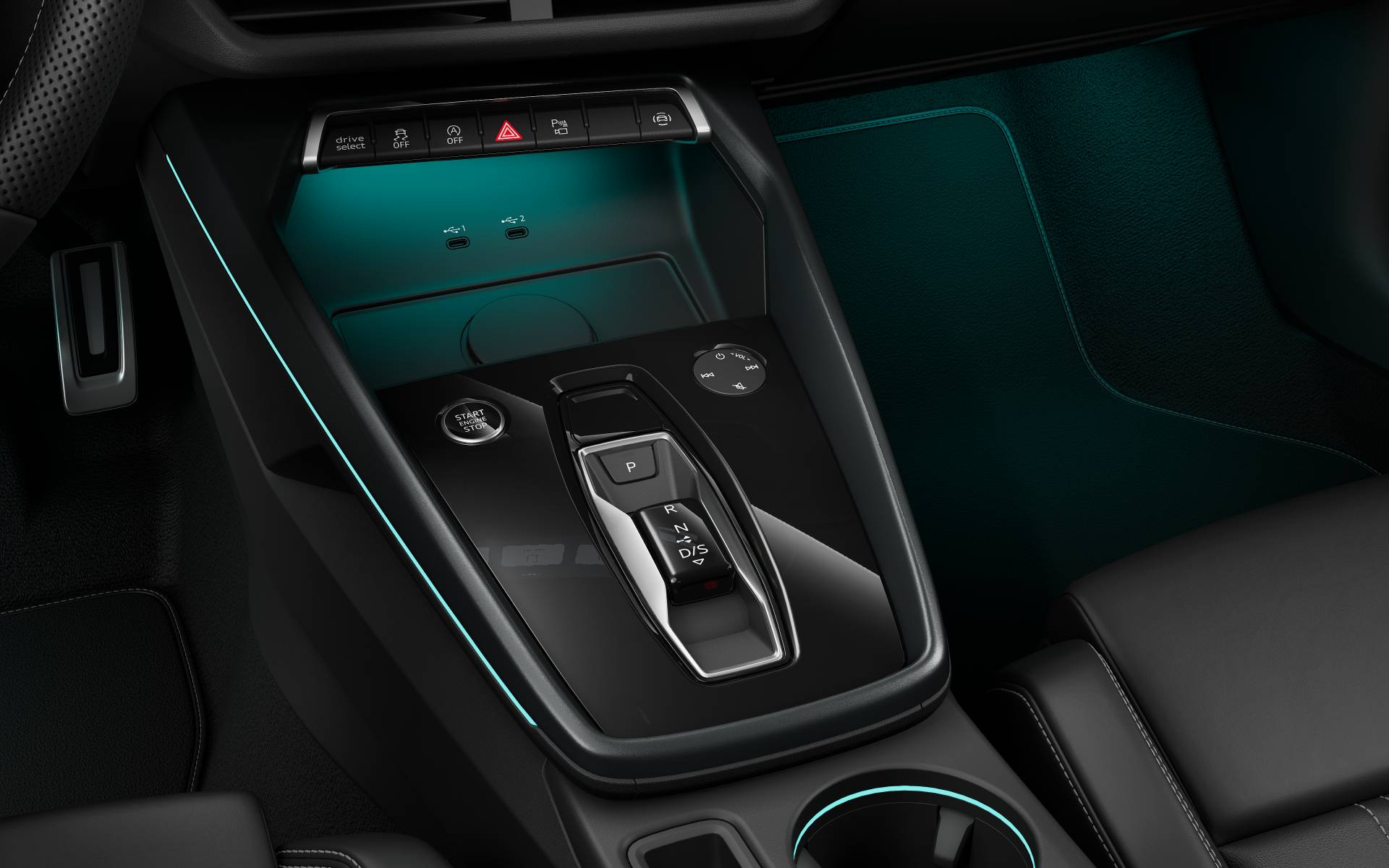 2027 Audi A3 redesigned center console with driver-angled 25-watt wireless phone charging tray